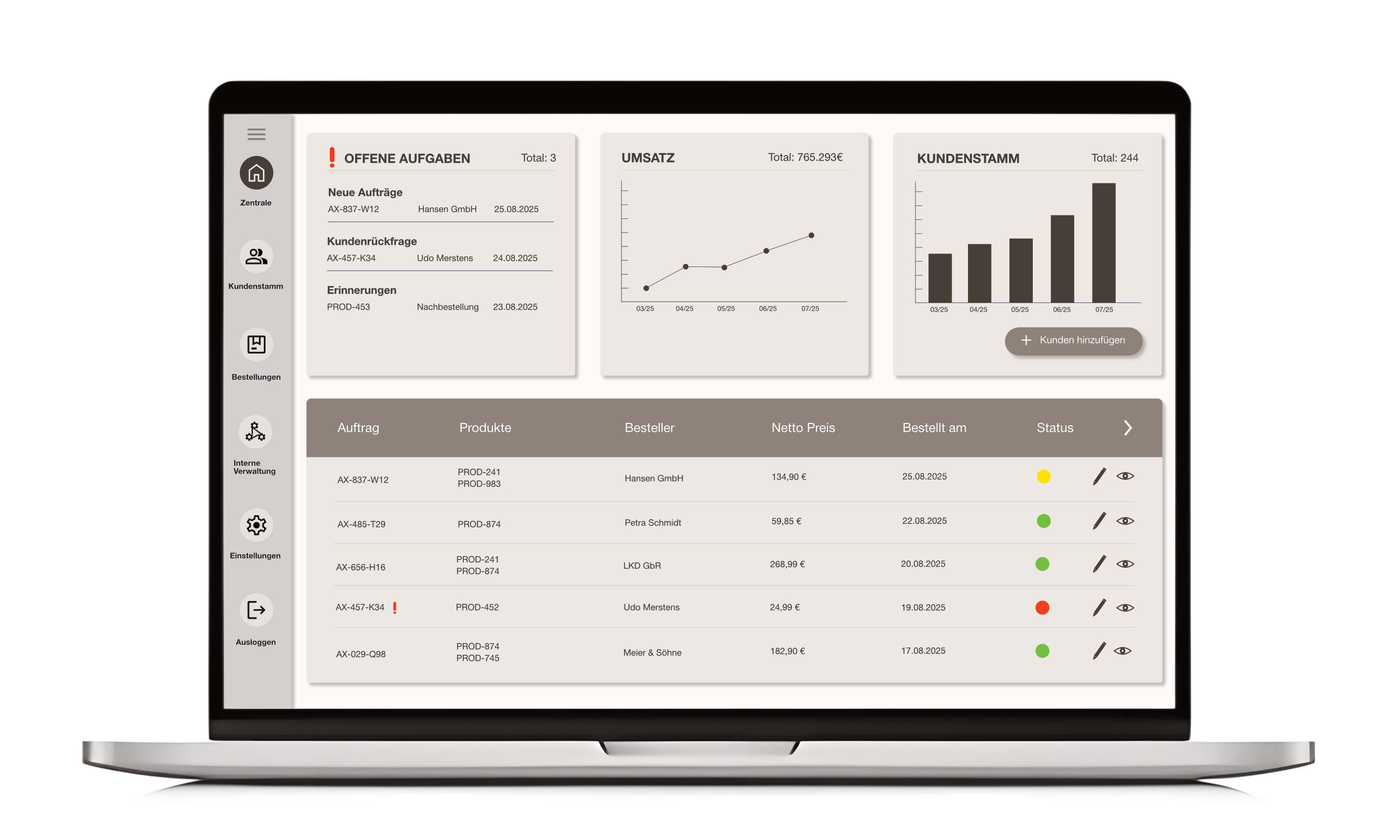 Beispiel für individuelle Softwareentwicklung – Custom Software mit Seitenmenü und Dashboard-Ansicht von Localbytes